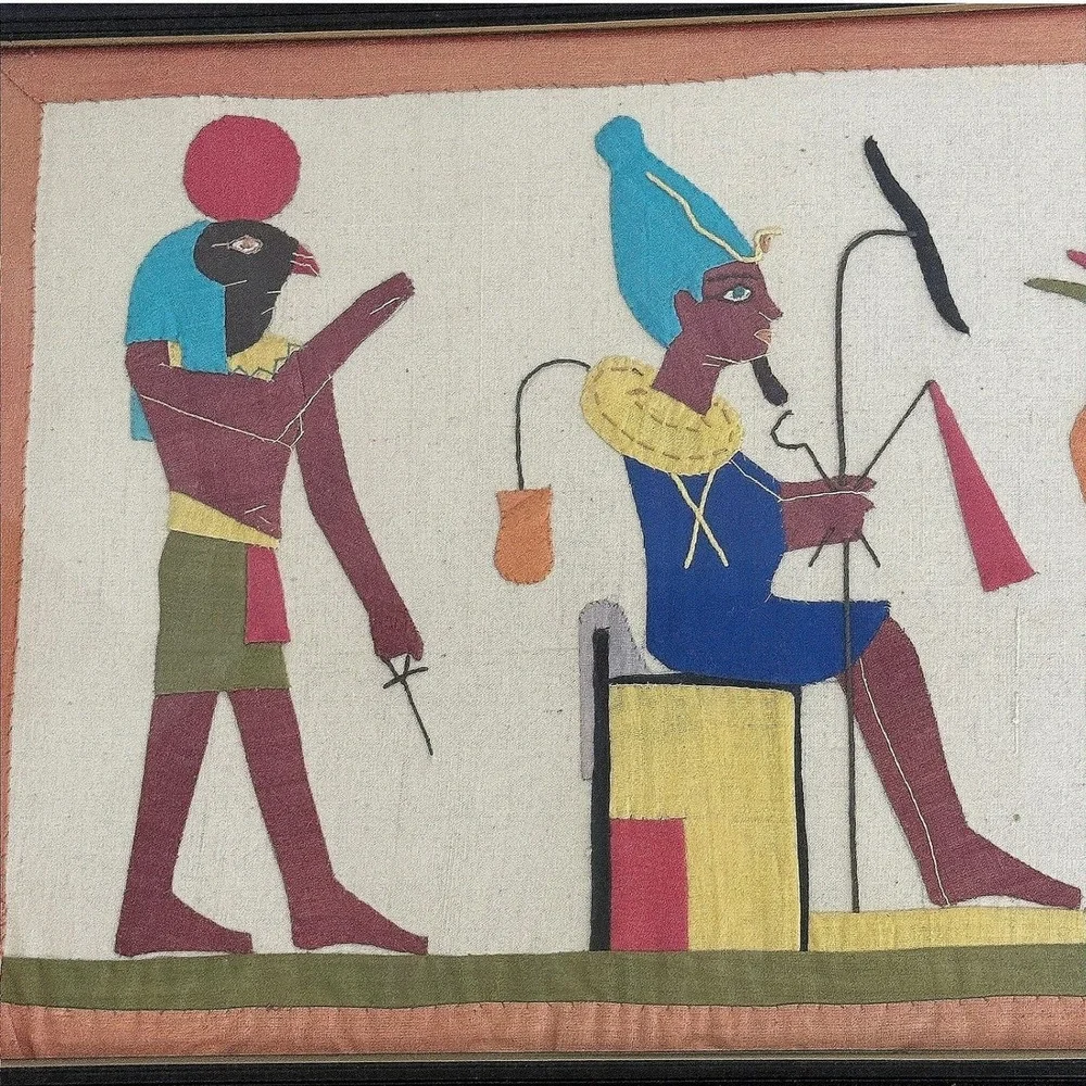 Vintage Handmade Egyptian Papyrus Framed Wall Art Horus Anubis Isis 49